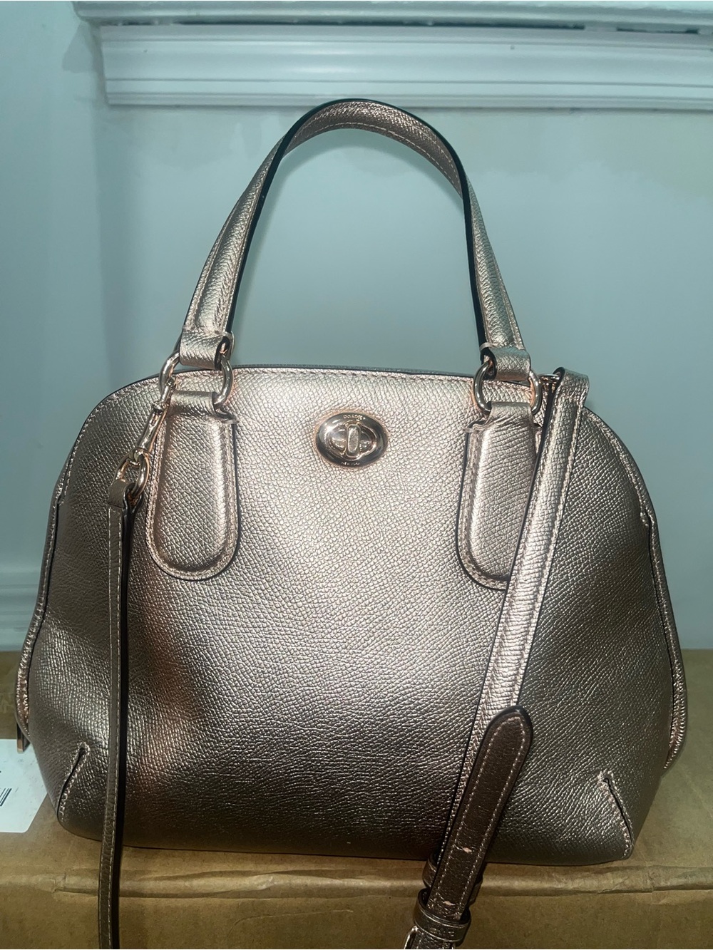 Coach Prince Street Mini Satchel in rose gold metallic leather. Turn lock. - Picture 15 of 17